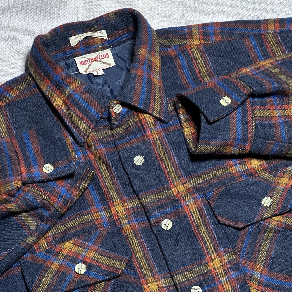 Vintage 70s 80s Hunting Club Flannel Board Shirt Mens Large Navy Acrylic Plaid‎